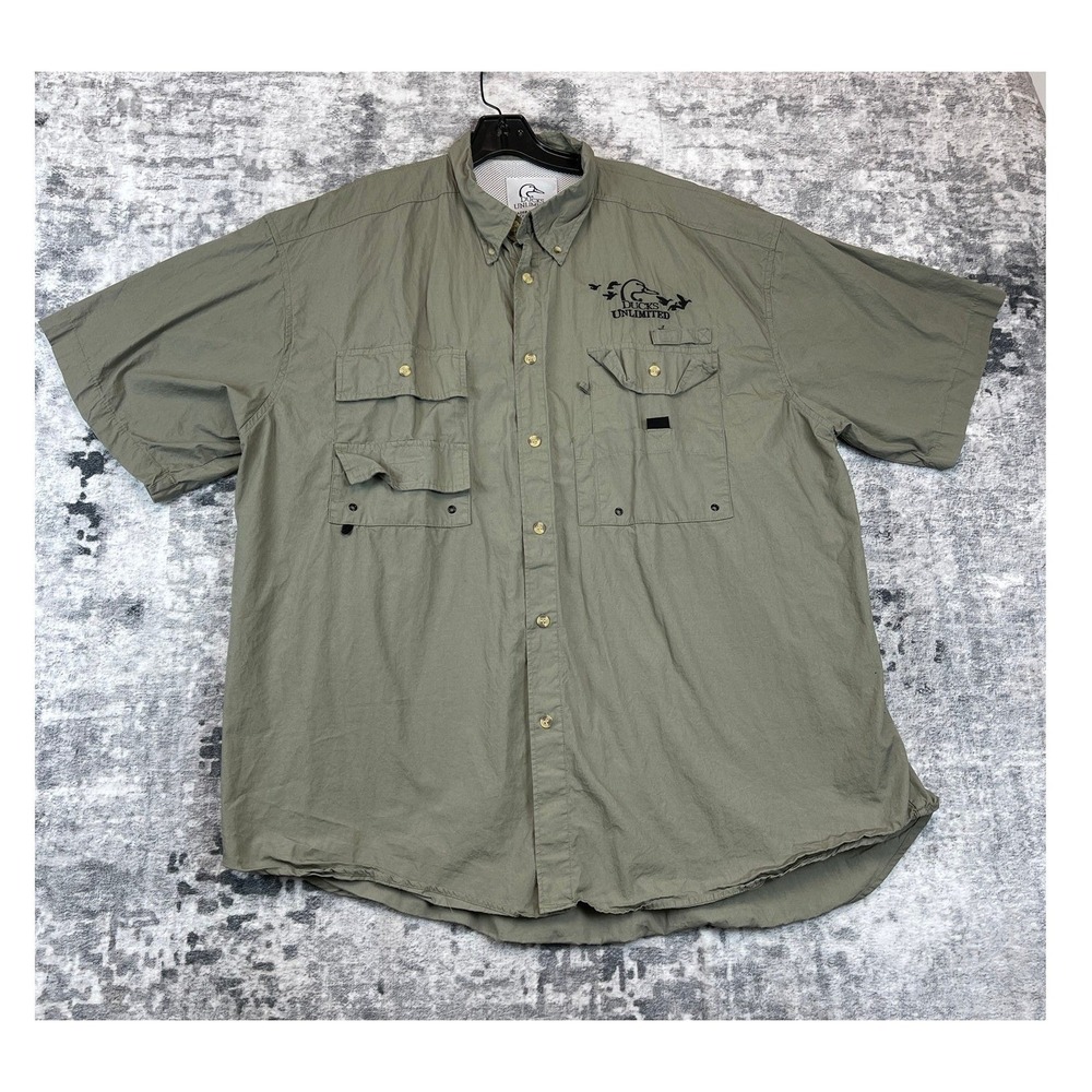 Ducks Unlimited Fishing Shirt Mens 2XL Green‎  Short Sleeve Cotton